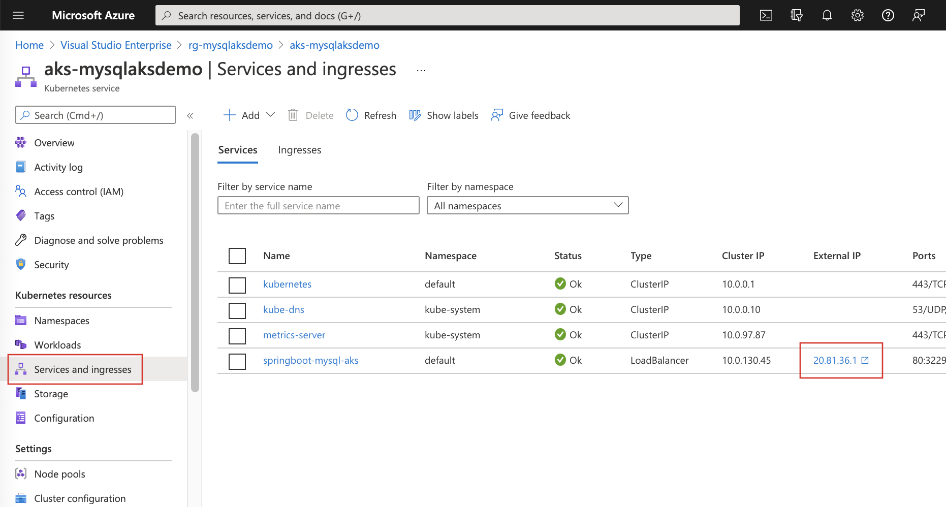 Captura de pantalla que muestra la vista de Azure Portal de la dirección IP externa del servicio de clúster de Azure Kubernetes.