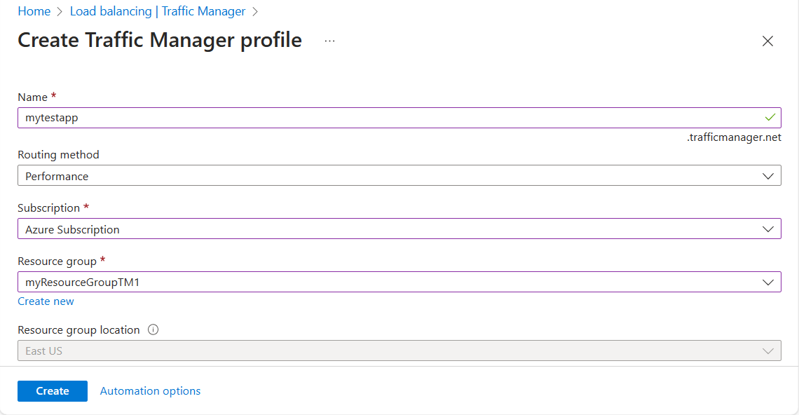 Captura de pantalla de la creación de un perfil de Traffic Manager.