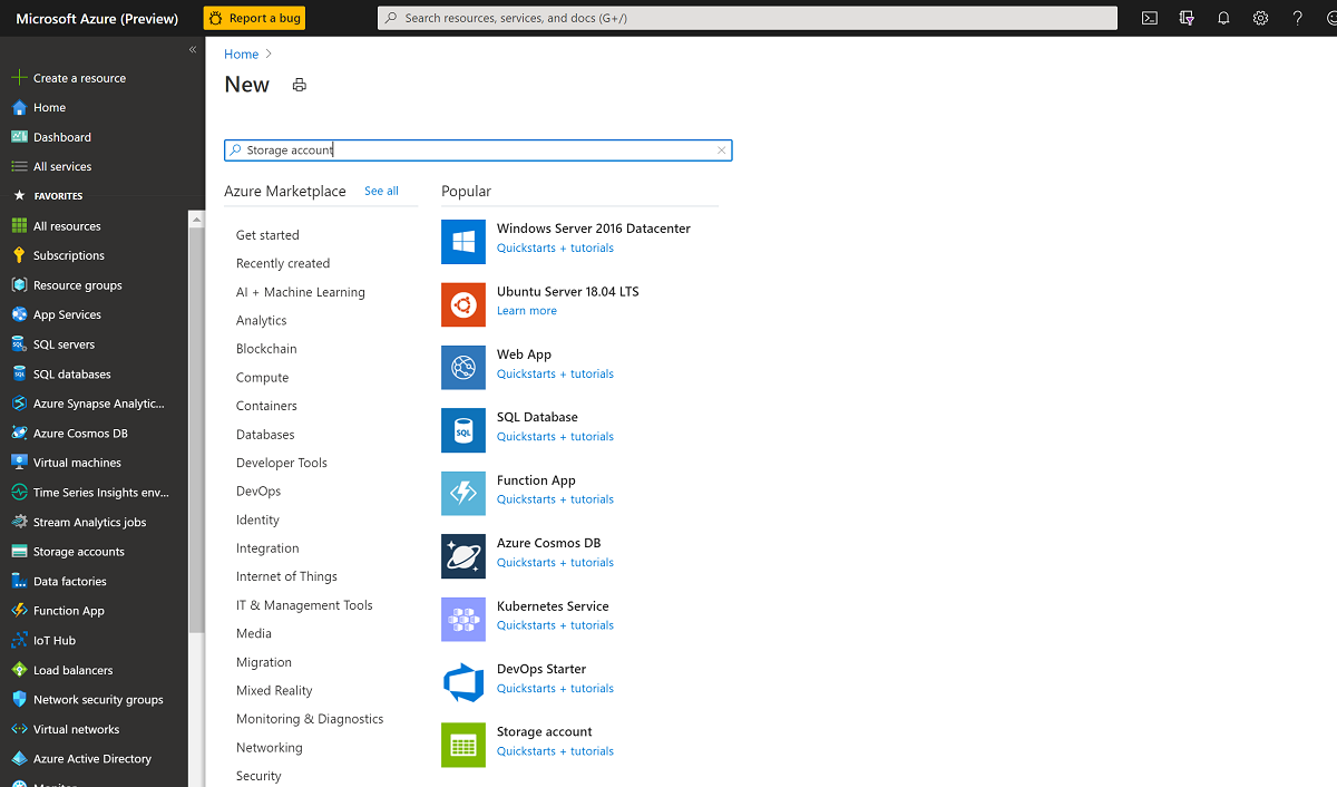 Captura de pantalla que muestra dónde crear un recurso y seleccionar una cuenta de almacenamiento.