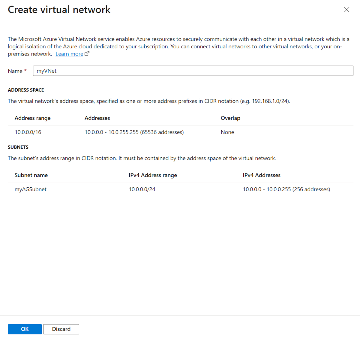 Captura de pantalla de Creación de una nueva puerta de enlace de aplicaciones: Creación de una red virtual.