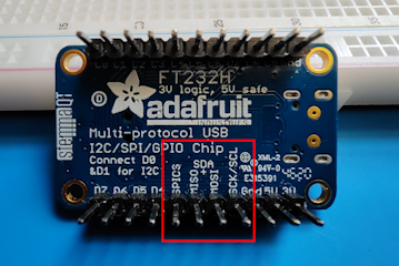A picture of the back of the FT232H breakout depicting the SPI pins.