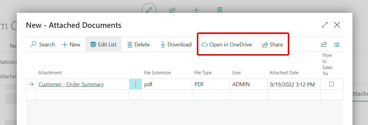 Las acciones Abrir en OneDrive y Compartir para archivos adjuntos