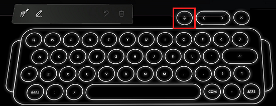 Captura de pantalla que muestra un teclado holográfico con el botón Micrófono resaltado para la opción de dictado