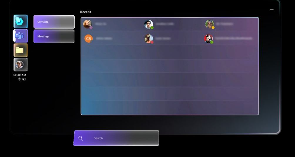 Captura de pantalla de la lista Reciente con el cuadro Búsqueda y un teclado holográfico