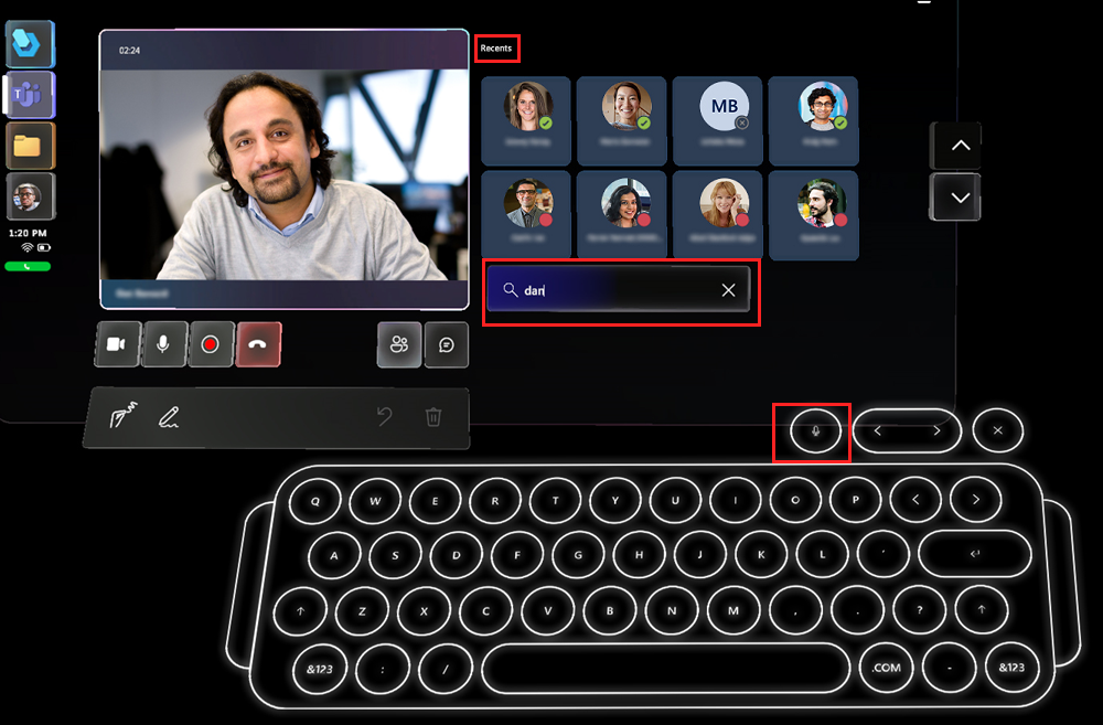 Captura de pantalla de la lista Reciente con el cuadro Búsqueda y el teclado holográfico