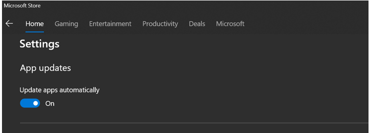 Página de Microsoft Store, donde la opción Actualizar aplicaciones automáticamente está activada.