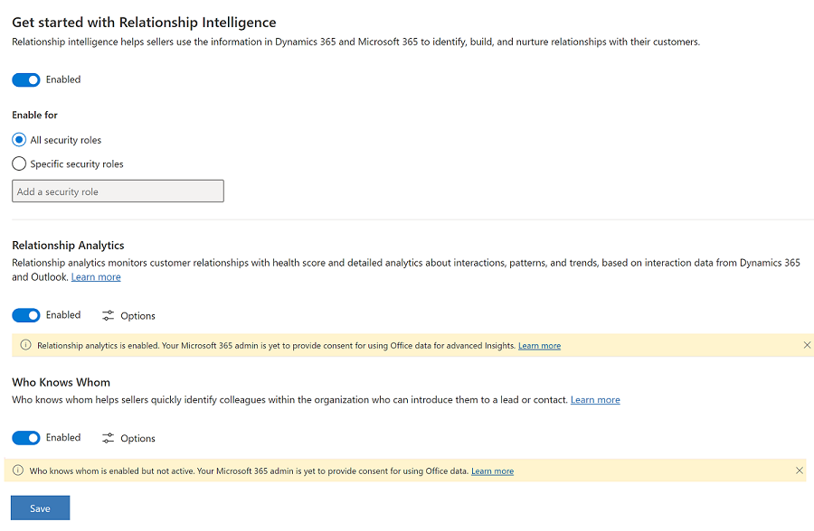 Una captura de pantalla de la página Descripción general para habilitar las características de inteligencia de relaciones