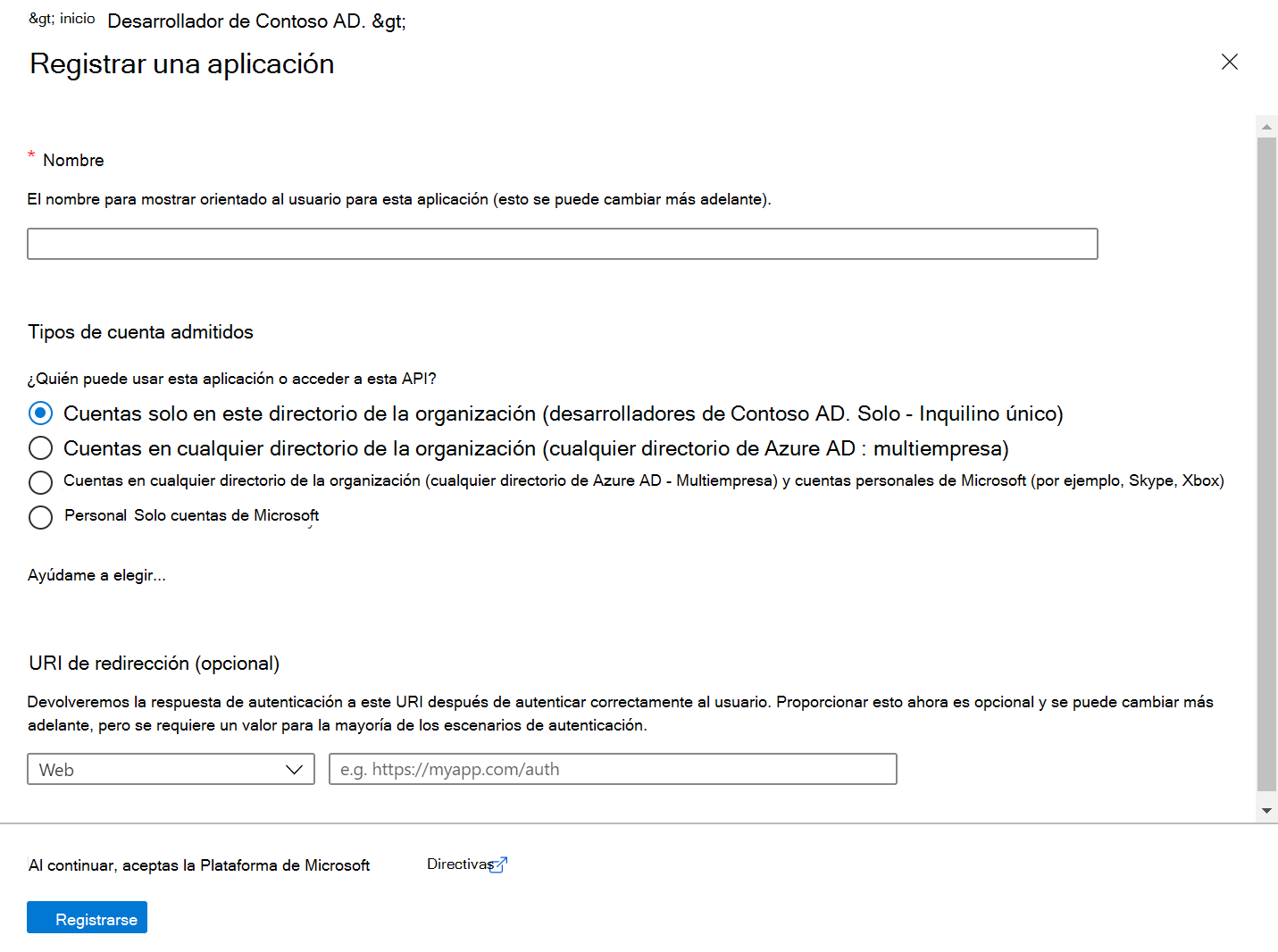 Captura de pantalla de la Centro de administración Microsoft Entra, en la que se muestra el panel Registrar una aplicación.