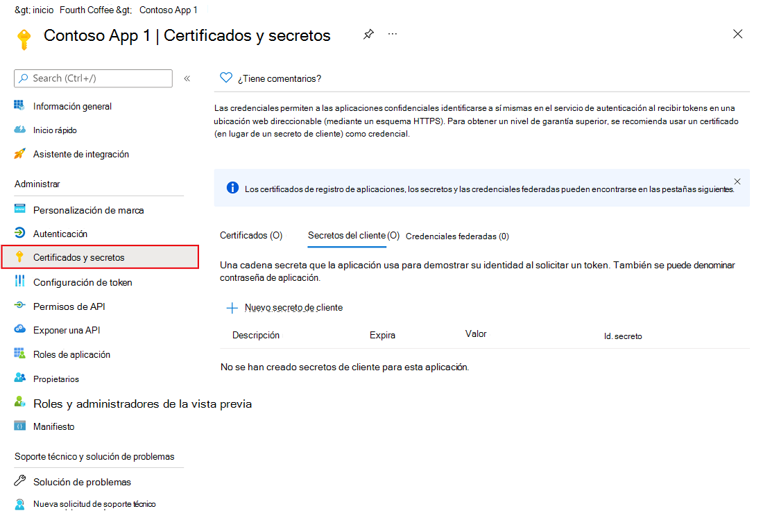 Captura de pantalla de la Centro de administración Microsoft Entra, en la que se muestra el panel Certificados y secretos en un registro de aplicación.
