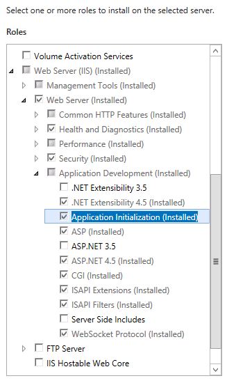 Screenshot showing the Application Initialization feature installed on Windows Server 2012.