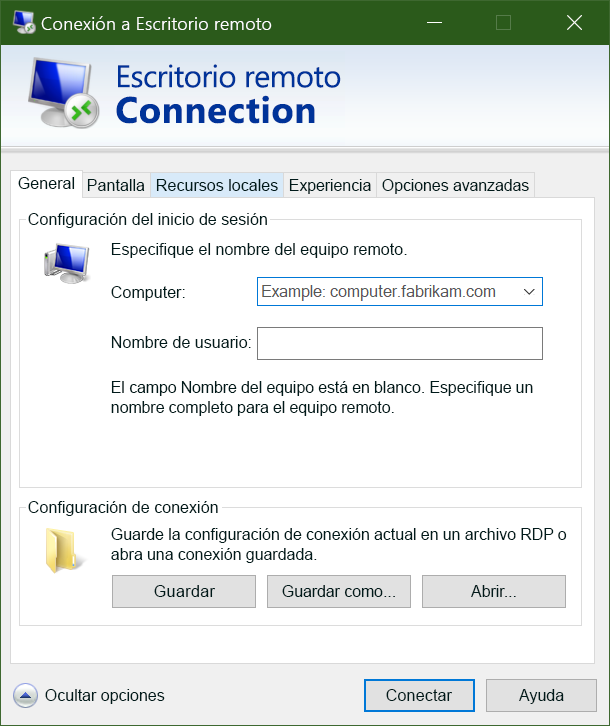 Captura de pantalla de la interfaz de usuario del cliente de Protocolo de escritorio remoto.