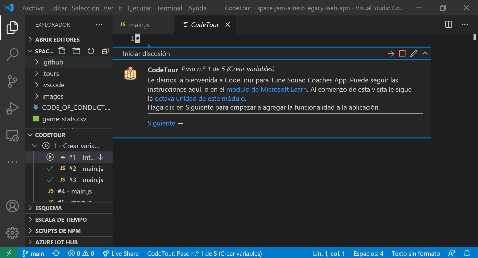 Screenshot that shows the first step in a CodeTour file.