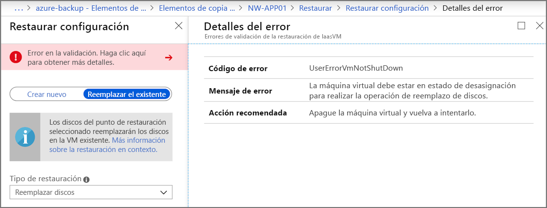 Screenshot that shows the error details when a VM is running.