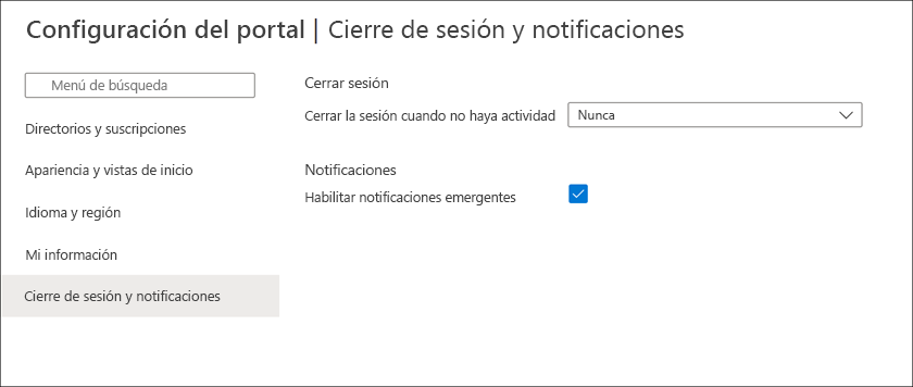 Captura de pantalla del panel de configuración de Azure Portal.