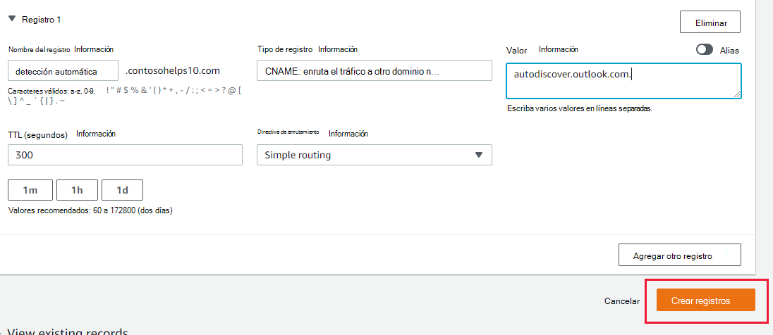 Captura de pantalla en la que se selecciona Crear registros para agregar un registro CNAME