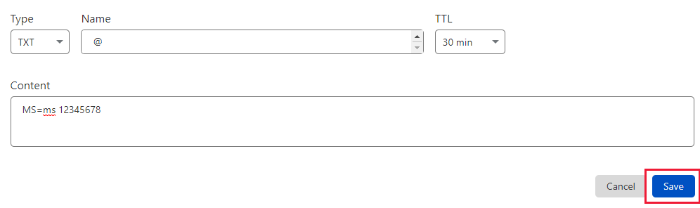 Captura de pantalla de donde selecciona Guardar para agregar un registro TXT de verificación de dominio.