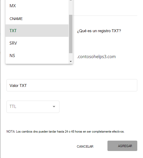 Seleccione TXT en la lista desplegable Tipo para el registro TXT de comprobación de dominio.