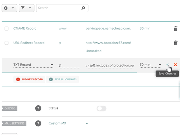 Captura de pantalla del control Guardar cambios del registro TXT de SPF.