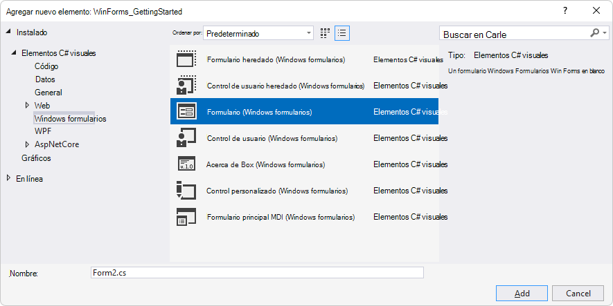 La ventana "Agregar nuevo elemento", expandida a "Elementos de Visual C#" > "Windows Forms", seleccionando "Formulario (Windows Forms)".