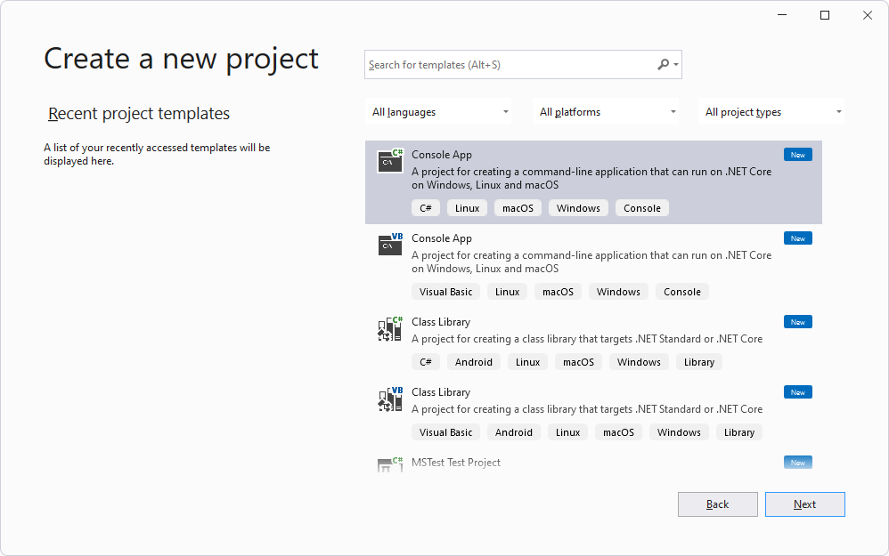 La ventana "Crear un nuevo proyecto" Visual Studio.
