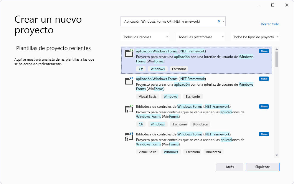 En el panel "Crear un nuevo proyecto", seleccione "C# > Windows Forms App (.NET Framework)".