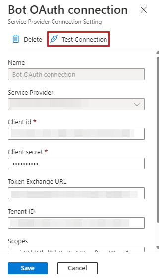 Captura de pantalla que muestra la opción Probar la conexión de OAuth para el recurso del bot.