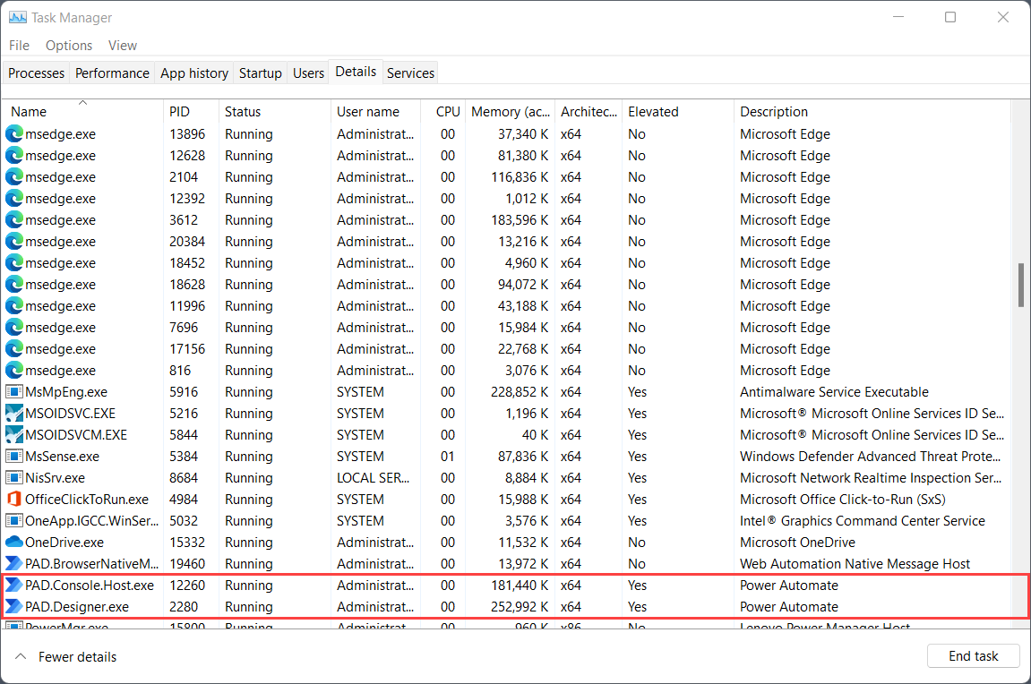 Captura de pantalla de los procesos Power Automate en el Administrador de tareas de Windows.