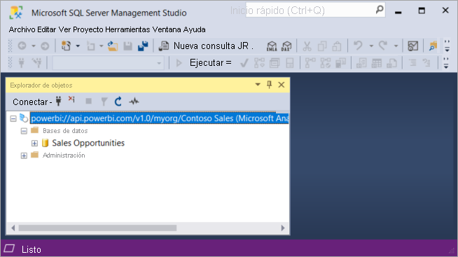 Captura de pantalla de la ventana de Microsoft SQL Server Management Studio. El Explorador de objetos está en el panel principal.