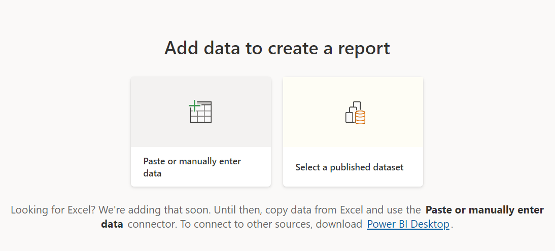 Add data to create a report, source options.
