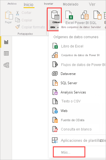 Screenshot of the Common data sources dropdown after selecting the Get data button on the ribbon.