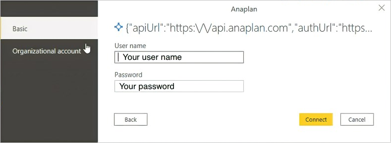 Cuadro de diálogo Conectar de Anaplan. Aquí debe escribir el nombre de usuario y la contraseña.
