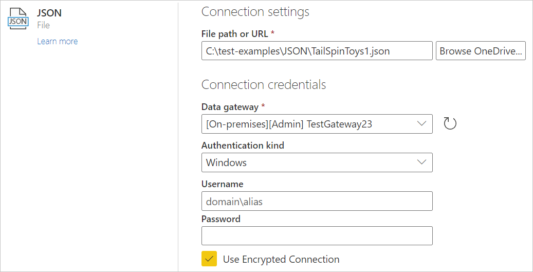 Imagen del cuadro de diálogo de configuración de conexión JSON del servicio en línea, con una ruta de acceso de archivo, una puerta de enlace de datos y el tipo de autenticación de Windows mostrados.