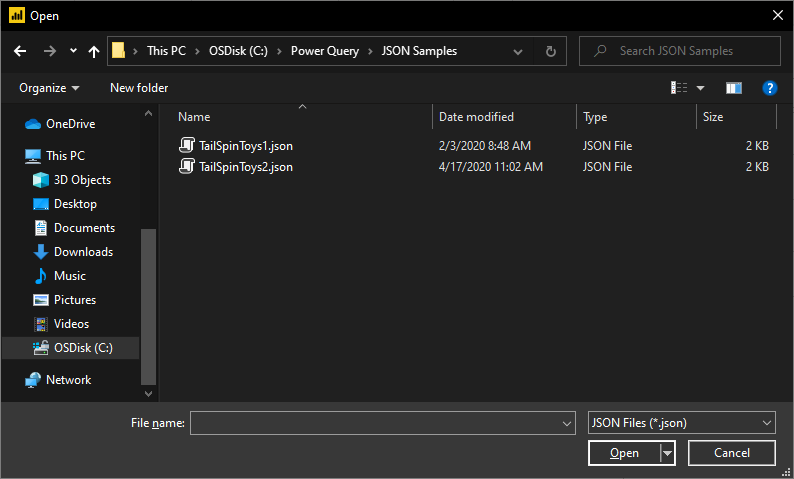 Imagen del explorador de archivos con dos archivos JSON entre los que elegir.