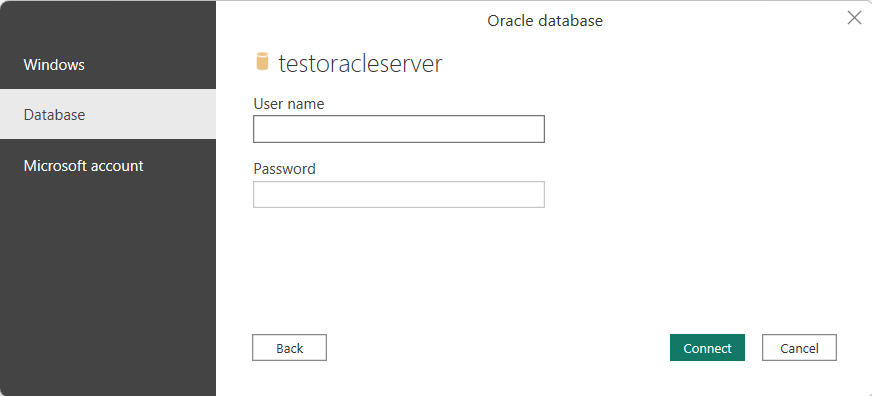 Escriba las credenciales de la base de datos de Oracle.