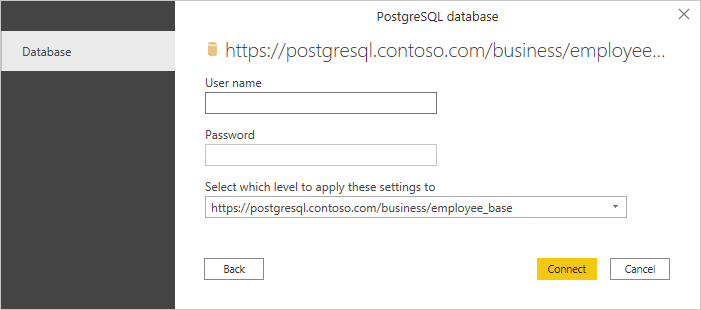 Escriba el nombre de usuario y la contraseña de PostgreSQL.