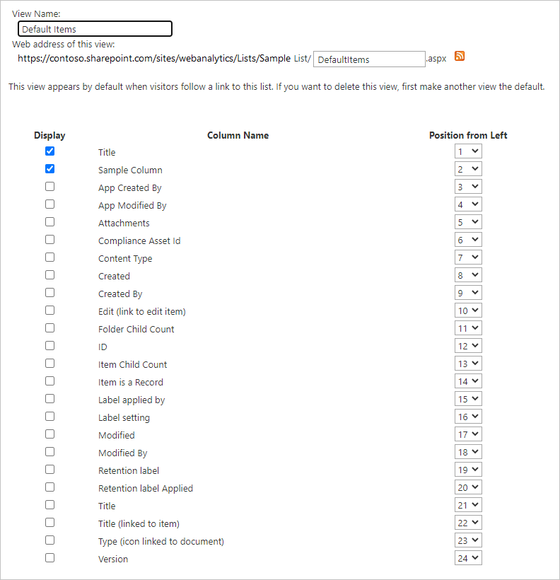 Pantalla que muestra una muestra de la configuración de vista de una vista específica en una lista de SharePoint Online.