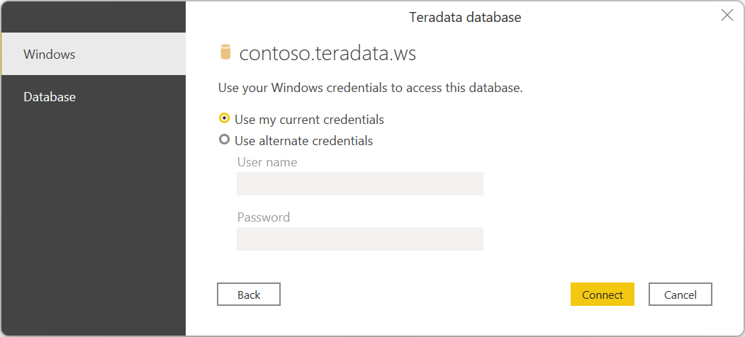 Escriba las credenciales de la base de datos de Teradata.
