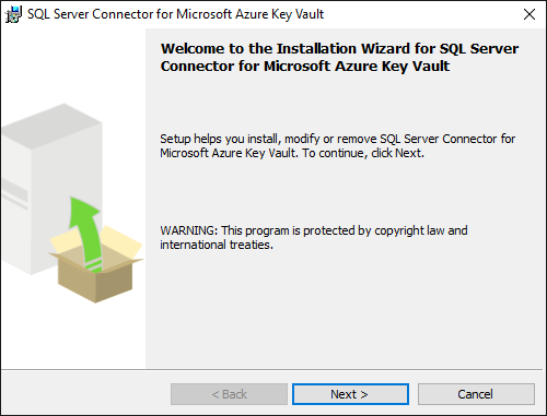 Captura de pantalla del asistente para instalación del Conector de SQL Server.