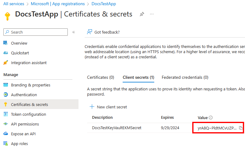 Captura de pantalla en la que se muestra el valor del secreto en Azure Portal.