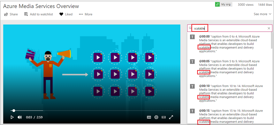 Captura de pantalla que muestra los resultados de búsqueda de ejemplo de un solo vídeo.