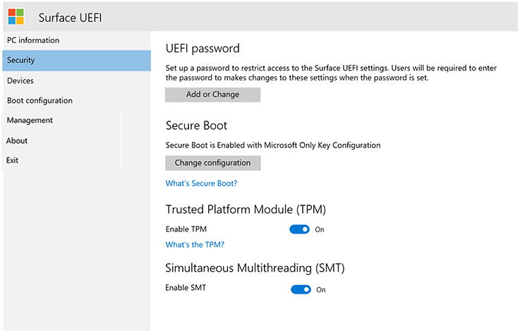 Configurar las opciones de seguridad de UEFI de Surface.