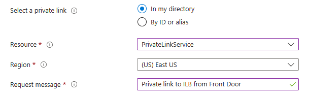 Screenshot of selecting a private link service in your own directory.