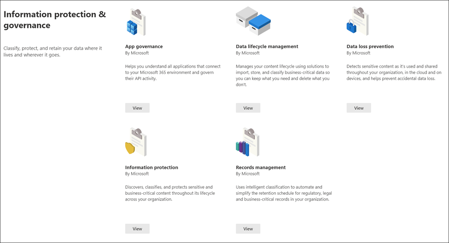 Microsoft 365 solution catalog information protection and governance section.