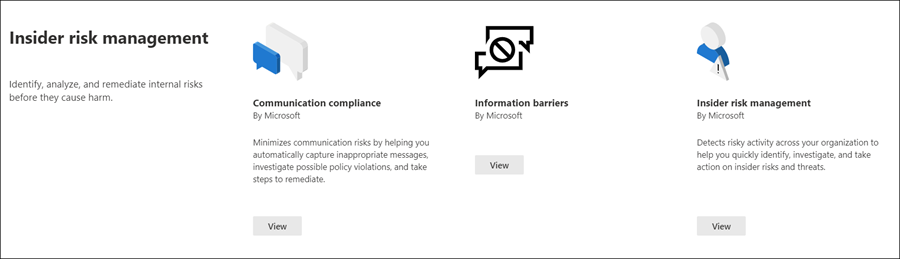 Microsoft 365 solution catalog insider risk management section.