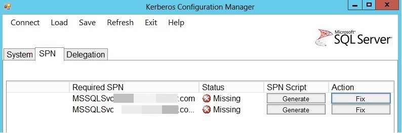 Screenshot of the SPN tab in Kerberos Configuration manager.