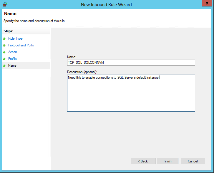 Screenshot of the Name step of New Inbound Rule Wizard.