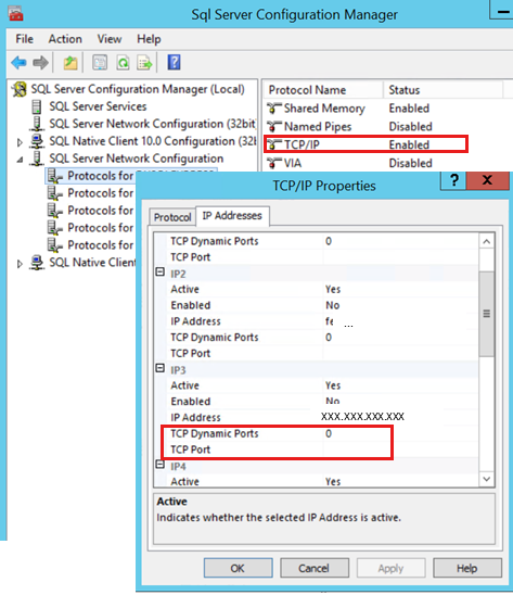 Screenshot of the TCP/IP Properties dialog box in SQL Server Configuration Manager.