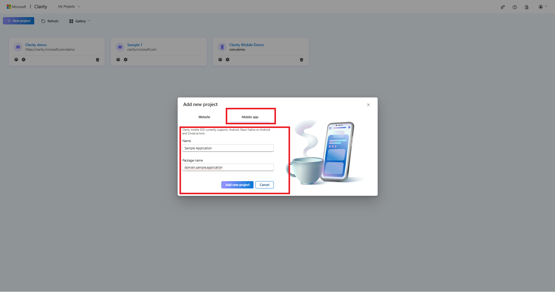 Add details and select create to add a mobile project.