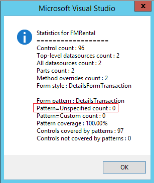 Dialog box with values that indicate a form is fully covered by patterns.