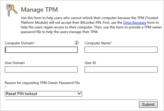 BitLocker administration and monitoring website Manage TPM page.